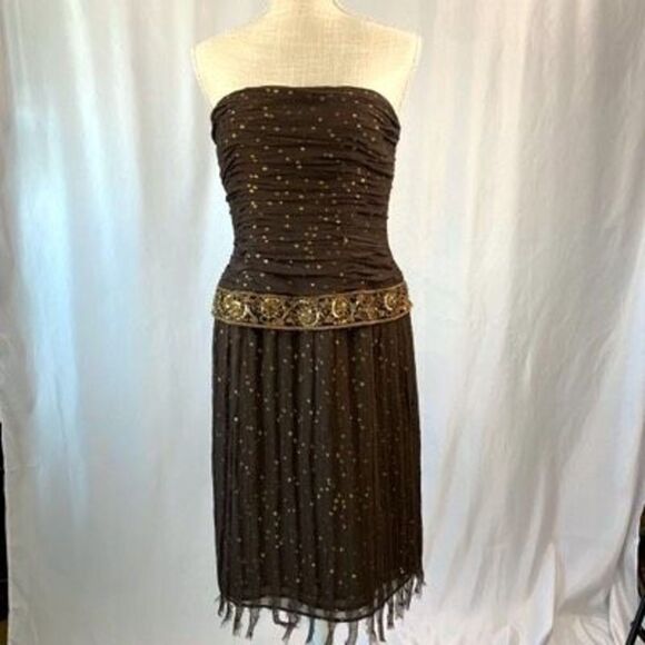 Kay Unger Dress Strapless Ruched Beaded Corset Vintage Style Women 6 Brown Gold - Picture 1 of 17